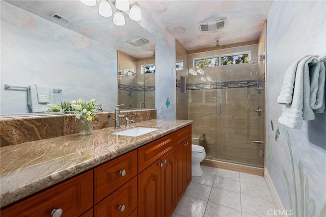 full bathroom featuring toilet, tile patterned floors, visible vents, and vanity