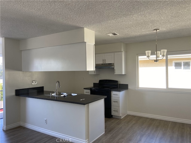 18209 Camino Bello Unit 4, Rowland Heights, CA 91748 - kitchen with under cabinet range hood, white cabinets, dark countertops, a sink, and black range with electric cooktop