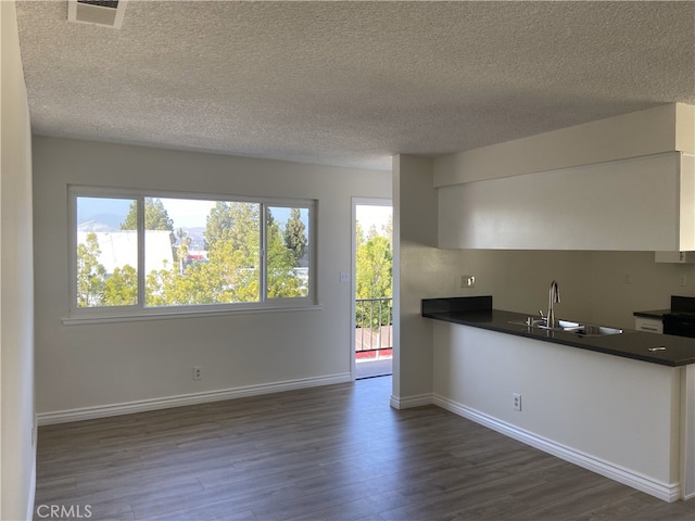 kitchen with dark countertops, dark wood finished floors, visible vents, and a sink