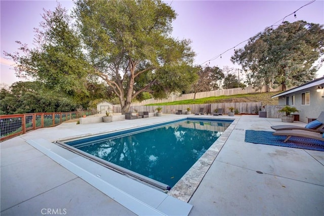 view of pool featuring a fenced in pool, a fenced backyard, and a patio