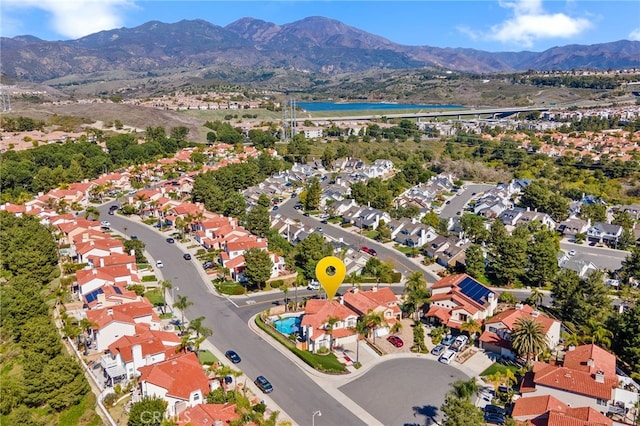 aerial view featuring a residential view and a mountain view