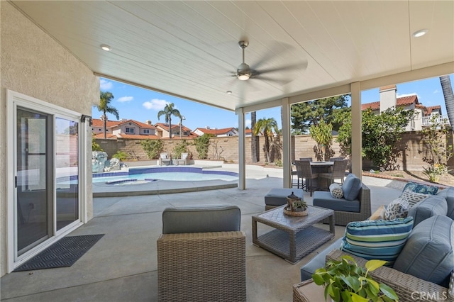 view of patio with a fenced in pool, an outdoor hangout area, and a fenced backyard