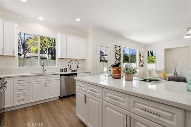 kitchen with plenty of natural light, white cabinetry, a sink, and stainless steel dishwasher