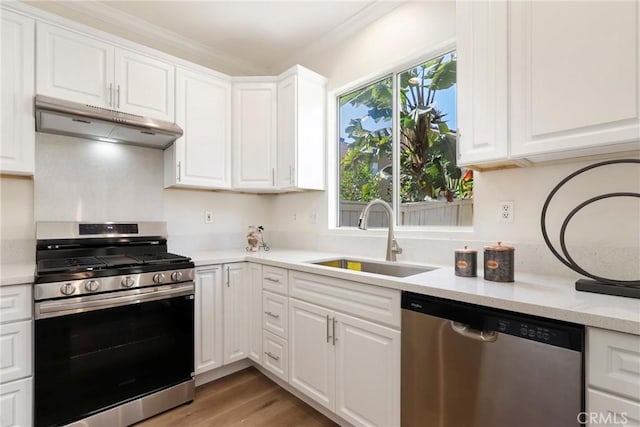 kitchen featuring under cabinet range hood, stainless steel appliances, a sink, white cabinetry, and light countertops