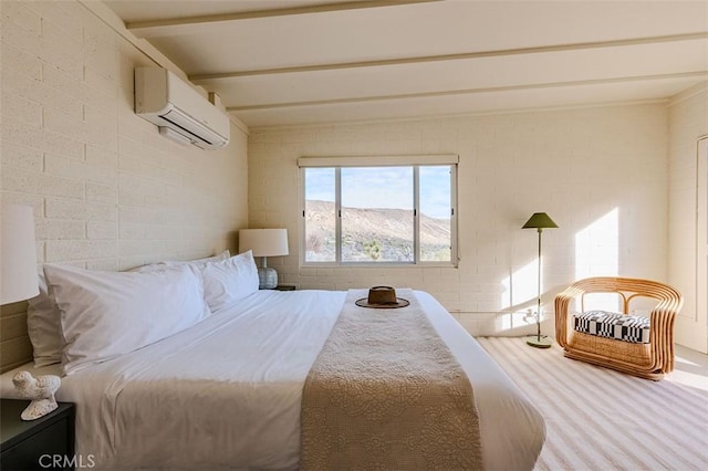 bedroom featuring brick wall, a wall mounted air conditioner, and beam ceiling