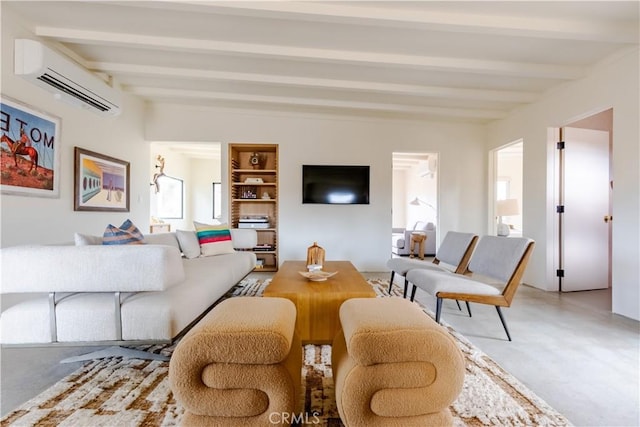 living area featuring built in features, beamed ceiling, and a wall mounted AC