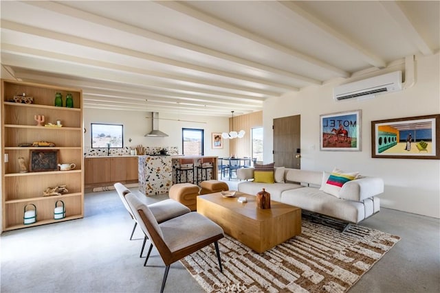 living room with a wall mounted air conditioner and beam ceiling