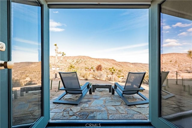 interior space with a mountain view