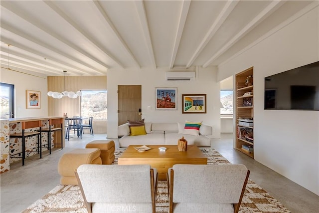 living room featuring a wall mounted air conditioner, beam ceiling, and a healthy amount of sunlight