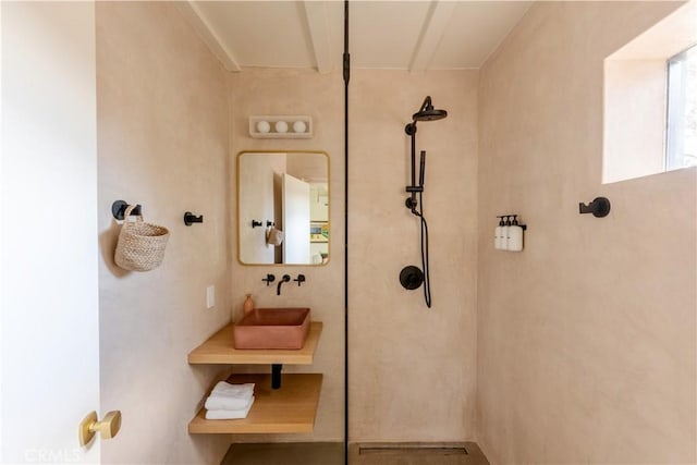 bathroom with a sink and walk in shower