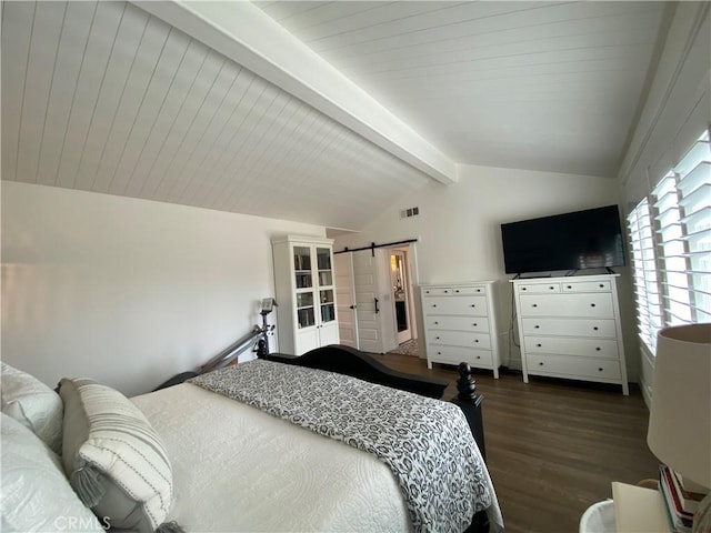 bedroom featuring a barn door, lofted ceiling with beams, dark wood-style floors, and visible vents