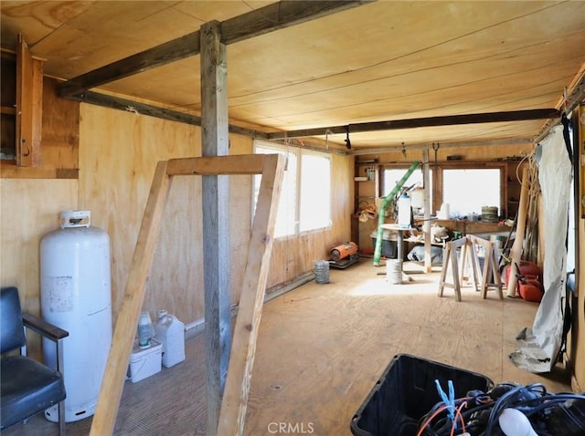 interior space featuring wood walls