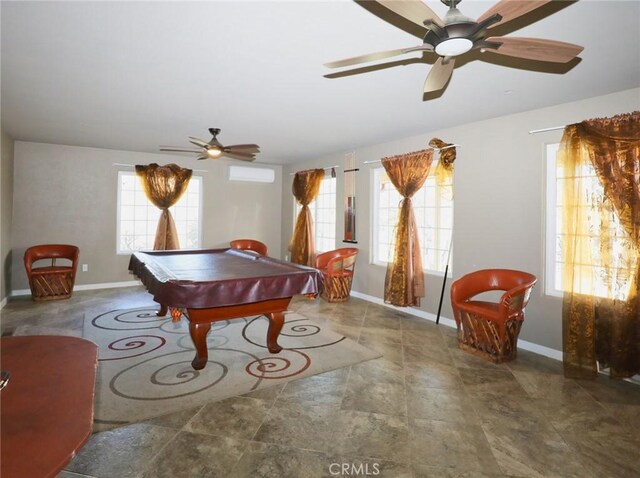 game room with billiards, a ceiling fan, and baseboards