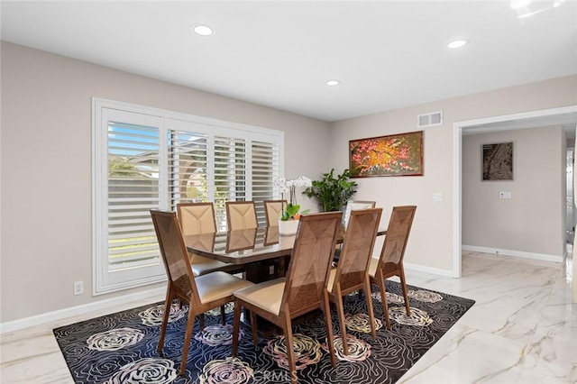 dining space with marble finish floor, baseboards, visible vents, and recessed lighting