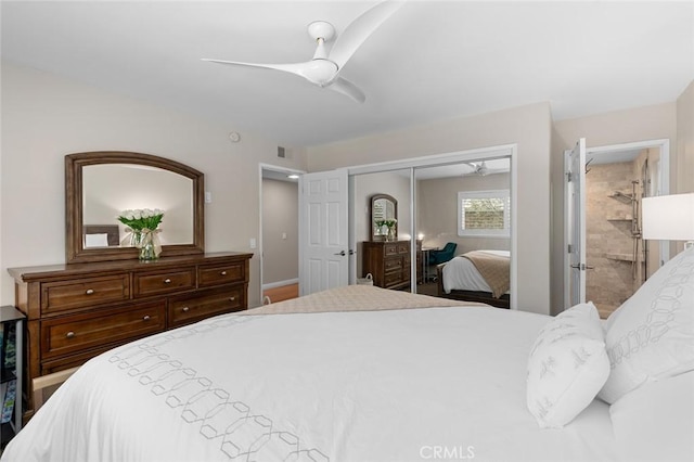 bedroom featuring a ceiling fan, visible vents, and a closet