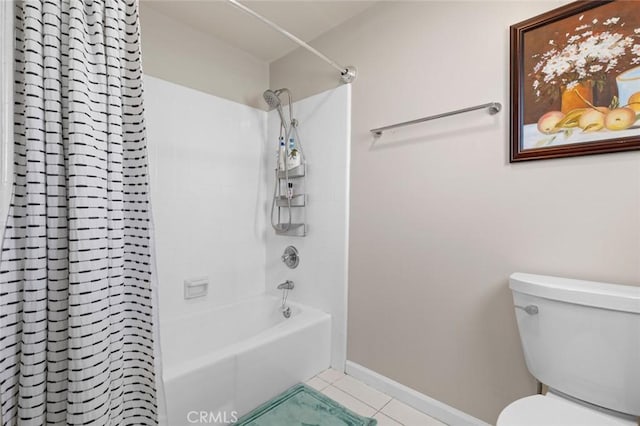 bathroom with toilet, shower / bath combo, baseboards, and tile patterned floors