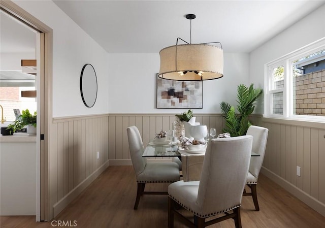 dining room featuring wood finished floors and wainscoting