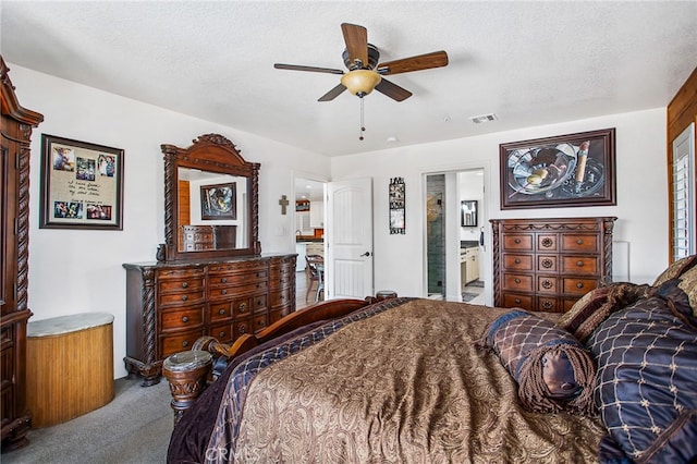 33210 Crown Valley Rd, Temecula, CA 92592 - bedroom with carpet floors, a textured ceiling, ensuite bathroom, and ceiling fan