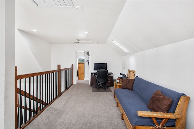 carpeted office space featuring lofted ceiling and recessed lighting