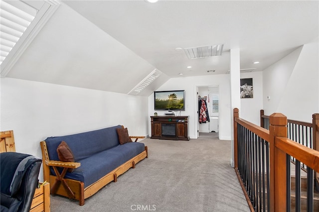 33210 Crown Valley Rd, Temecula, CA 92592 - living area featuring attic access, carpet, recessed lighting, vaulted ceiling, and baseboards