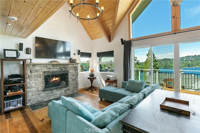 living room featuring high vaulted ceiling, an inviting chandelier, a fireplace, hardwood / wood-style flooring, and wooden ceiling
