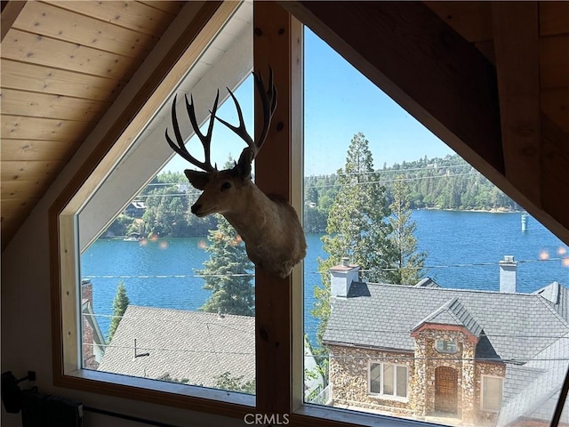 interior details featuring a water view