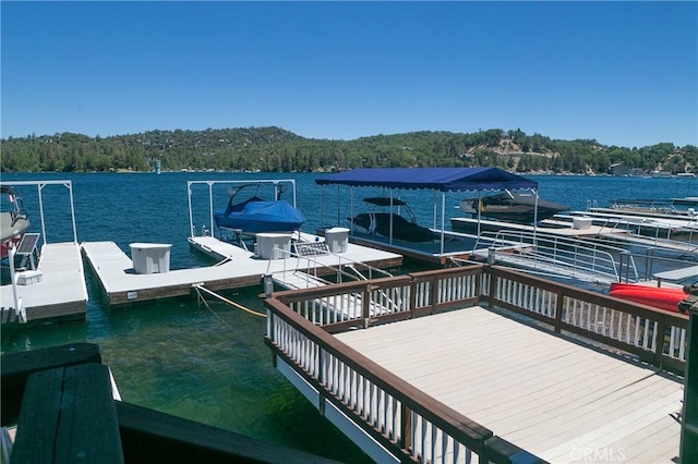 dock area featuring a water view and a wooded view