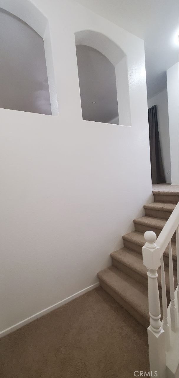 stairway with baseboards and carpet