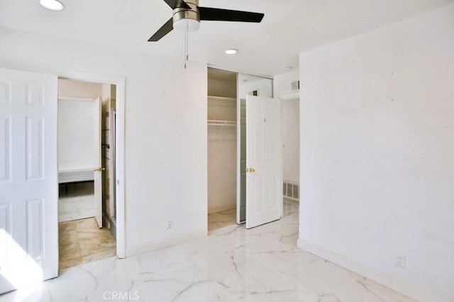 unfurnished bedroom with baseboards, visible vents, marble finish floor, a closet, and recessed lighting