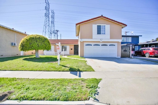 traditional home with stucco siding, concrete driveway, an attached garage, a tiled roof, and a front lawn