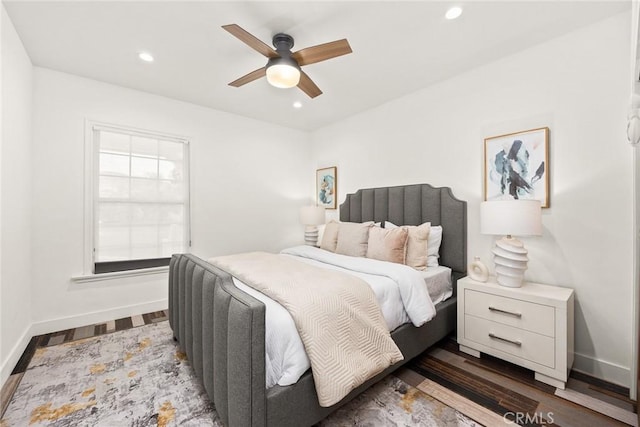 bedroom with recessed lighting, baseboards, wood finished floors, and a ceiling fan