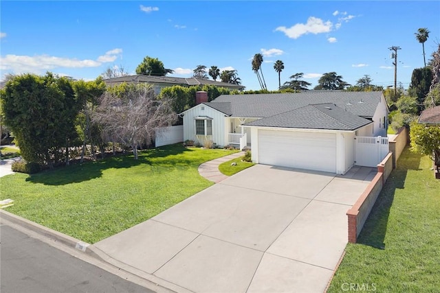 ranch-style house featuring fence, driveway, roof with shingles, an attached garage, and a front lawn