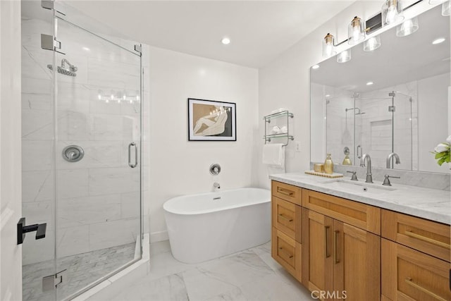 full bath with marble finish floor, a shower stall, and vanity