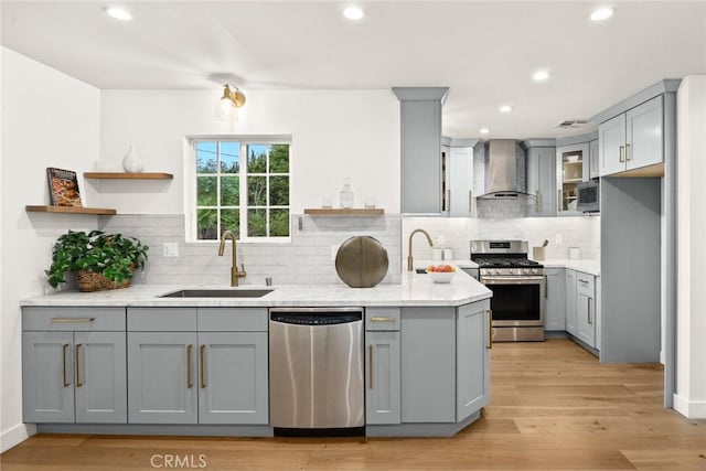 kitchen featuring open shelves, gray cabinets, a sink, stainless steel appliances, and wall chimney exhaust hood