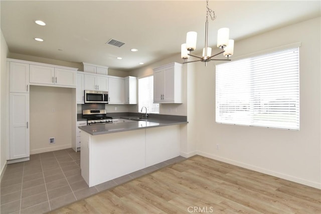 kitchen featuring visible vents, white cabinets, a peninsula, stainless steel appliances, and a sink