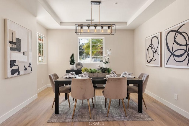 dining space featuring a tray ceiling, wood finished floors, and baseboards