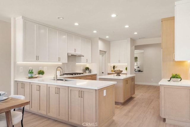 kitchen featuring light wood finished floors, a sink, light countertops, under cabinet range hood, and backsplash