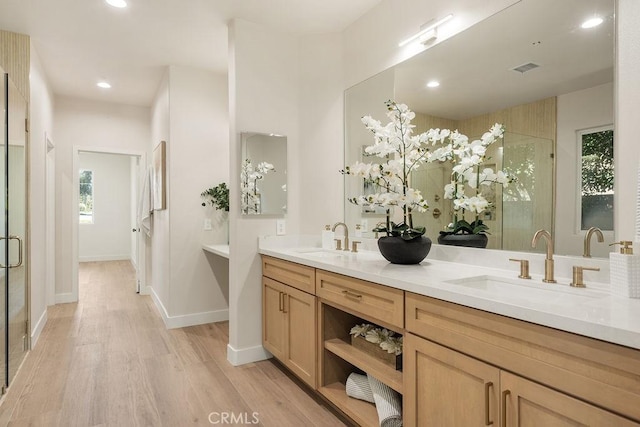 full bathroom with double vanity, a stall shower, wood finished floors, and a sink