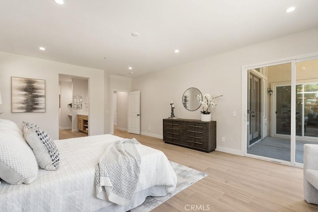 bedroom with access to exterior, recessed lighting, light wood finished floors, and baseboards