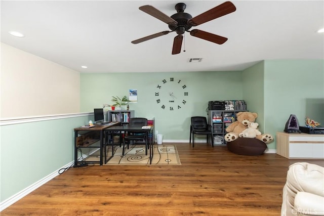 office featuring baseboards, visible vents, and wood finished floors