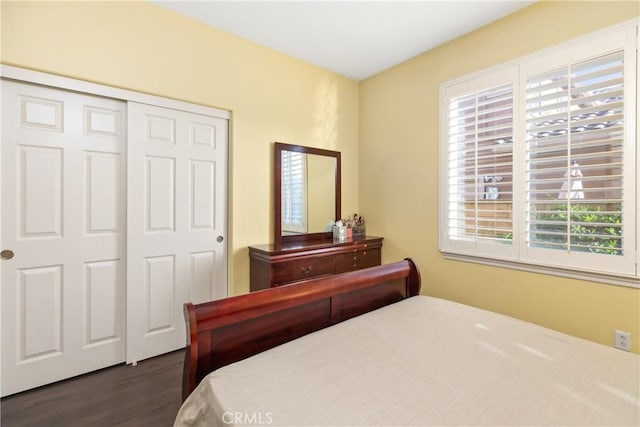 bedroom featuring a closet and dark wood-style flooring