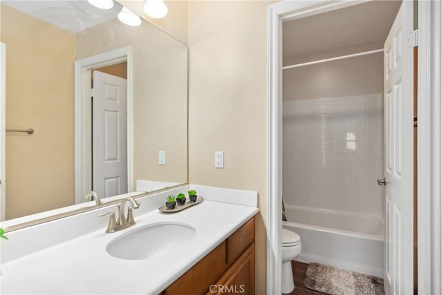 full bath with vanity, toilet, and shower / bathtub combination with curtain