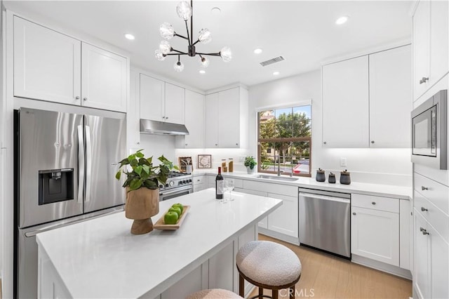 kitchen with appliances with stainless steel finishes, a sink, white cabinets, and under cabinet range hood