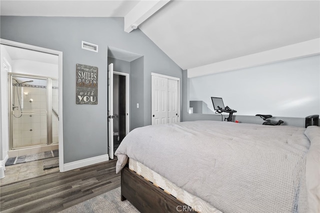 bedroom with a closet, visible vents, lofted ceiling with beams, wood finished floors, and baseboards