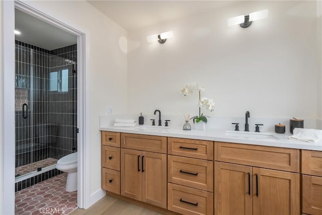 full bath featuring toilet, a stall shower, double vanity, and a sink