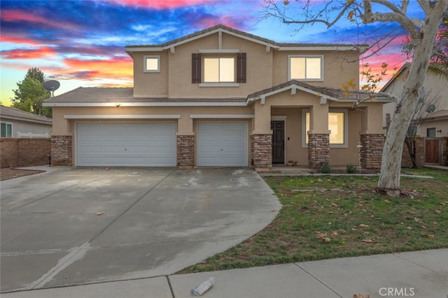 view of front of house with fence, driveway, stucco siding, a garage, and stone siding