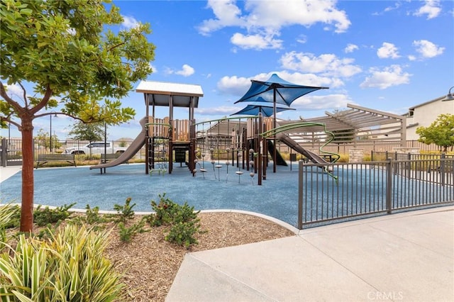 community jungle gym with fence