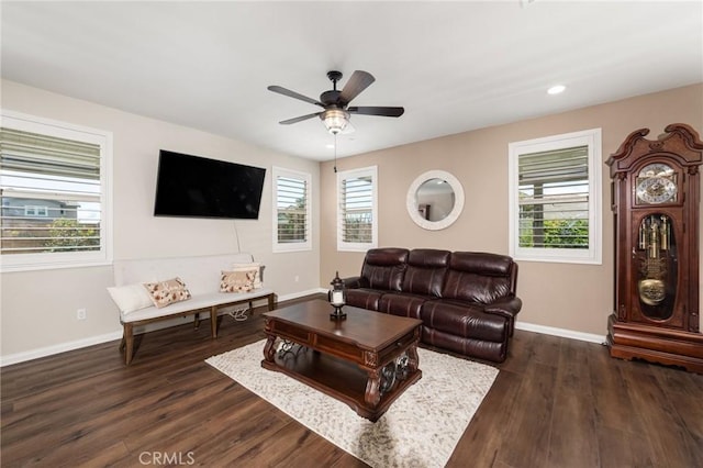 living area featuring dark wood-style flooring, plenty of natural light, and baseboards