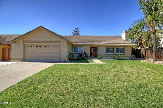 ranch-style house with an attached garage, fence, concrete driveway, a tiled roof, and a front yard