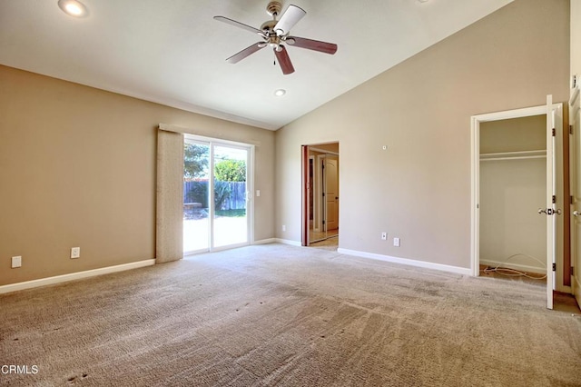 spare room featuring ceiling fan, high vaulted ceiling, recessed lighting, light carpet, and baseboards